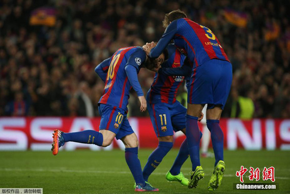 Players of FC Barcelona celebrate after scoring a goal at Euro Premium. (Photo/Agencies) Players of FC Barcelona celebrate after scoring a goal at Euro Premium. (Photo/Agencies)