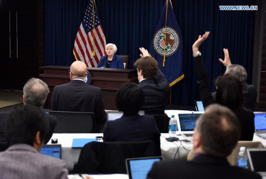 U.S. Federal Reserve Chair Janet Yellen (Rear) attends a news conference in Washington D.C., capital of the United States, on March 15, 2017. (Xinhua/Yin Bogu) U.S. Federal Reserve Chair Janet Yellen (Rear) attends a news conference in Washington D.C., capital of the United States, on March 15, 2017. (Xinhua/Yin Bogu)