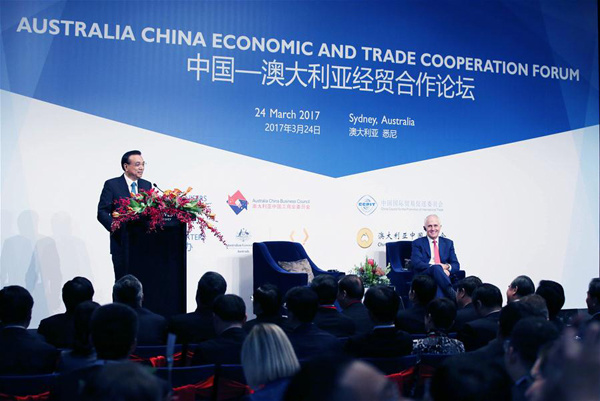 Chinese Premier Li Keqiang (L) delivers a speech at the China-Australia Cooperation on Economy and Trade Forum in Sydney, Australia, March 24, 2017. Li attended the forum together with Australian Prime Minister Malcolm Turnbull. (Xinhua/Yao Dawei) Chinese Premier Li Keqiang (L) delivers a speech at the China-Australia Cooperation on Economy and Trade Forum in Sydney, Australia, March 24, 2017. Li attended the forum together with Australian Prime Minister Malcolm Turnbull. (Xinhua/Yao Dawei)