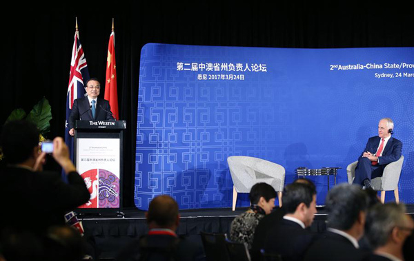 Chinese Premier Li Keqiang (L) addresses the 2nd Australia-China State/Provincial Leaders Forum in Sydney, Australia, March 24, 2017. Li attended the forum together with Australian Prime Minister Malcolm Turnbull. (Xinhua/Yao Dawei) Chinese Premier Li Keqiang (L) addresses the 2nd Australia-China State/Provincial Leaders Forum in Sydney, Australia, March 24, 2017. Li attended the forum together with Australian Prime Minister Malcolm Turnbull. (Xinhua/Yao Dawei)
