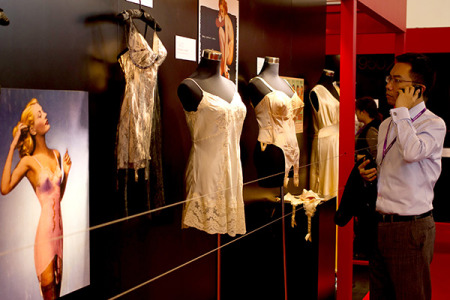 A professional buyer checks lingerie products on display at an international fashion and lingerie fair in Shanghai in 2014. [Photo/China Daily]