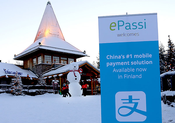 Alipay lands in the Santa Claus village in Arctic Circle, Finland, in December, 2016, signaling the first-ever mobile payment solution available in Finland. (Photo provided to China Daily) Alipay lands in the Santa Claus village in Arctic Circle, Finland, in December, 2016, signaling the first-ever mobile payment solution available in Finland. (Photo provided to China Daily)