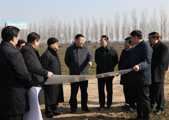 Chinese President Xi Jinping(C) inspects the Xiongan New Area scheme in Anxin County of Baoding City, north China's Hebei Province, Feb 23, 2017. Xiongan New Area, an economic zone about 100 kilometers south of Beijing, will span Xiongxian, Rongcheng and Anxin counties in Hebei Province, covering 2,000 square kilometers in the long term with a population of 2 to 2.5 million. (Xinhua/Lan Hongguang) Chinese President Xi Jinping(C) inspects the Xiongan New Area scheme in Anxin County of Baoding City, north China's Hebei Province, Feb 23, 2017. Xiongan New Area, an economic zone about 100 kilometers south of Beijing, will span Xiongxian, Rongcheng and Anxin counties in Hebei Province, covering 2,000 square kilometers in the long term with a population of 2 to 2.5 million. (Xinhua/Lan Hongguang)
