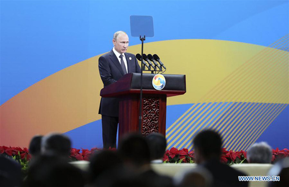 Russian President Vladimir Putin addresses the opening ceremony of the Belt and Road Forum for International Cooperation in Beijing, capital of China, May 14, 2017. (Xinhua/Pang Xinglei) Russian President Vladimir Putin addresses the opening ceremony of the Belt and Road Forum for International Cooperation in Beijing, capital of China, May 14, 2017. (Xinhua/Pang Xinglei)