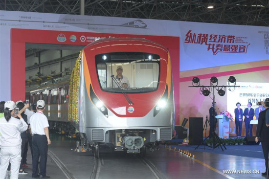 Photo taken on May 15, 2017 shows a new subway train made for Pakistan Lahore Orange Line Project at the CRRC Zhuzhou Locomotive Co., Ltd. in Zhuzhou, central China's Hunan Province. (Xinhua/Long Hongtao) Photo taken on May 15, 2017 shows a new subway train made for Pakistan Lahore Orange Line Project at the CRRC Zhuzhou Locomotive Co., Ltd. in Zhuzhou, central China's Hunan Province. (Xinhua/Long Hongtao)