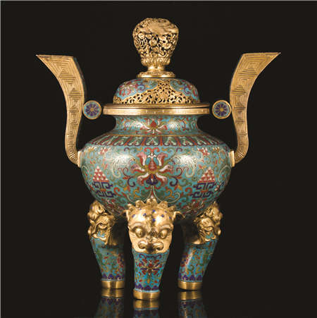 A Tripod Gilt Bronze and Cloisonné Enamel Censer. A Tripod Gilt Bronze and Cloisonné Enamel Censer.
