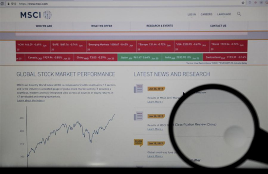 Photo taken on June 20, 2017 shows the website of global equity indexes provider MSCI on a computer in New York, the United States. (Xinhua/Wang Ying) Photo taken on June 20, 2017 shows the website of global equity indexes provider MSCI on a computer in New York, the United States. (Xinhua/Wang Ying)