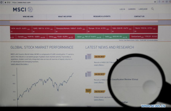 Photo taken on June 20, 2017 shows the website of global equity indexes provider MSCI on a computer in New York, theUnited States. (Xinhua/Wang Ying) Photo taken on June 20, 2017 shows the website of global equity indexes provider MSCI on a computer in New York, theUnited States. (Xinhua/Wang Ying)