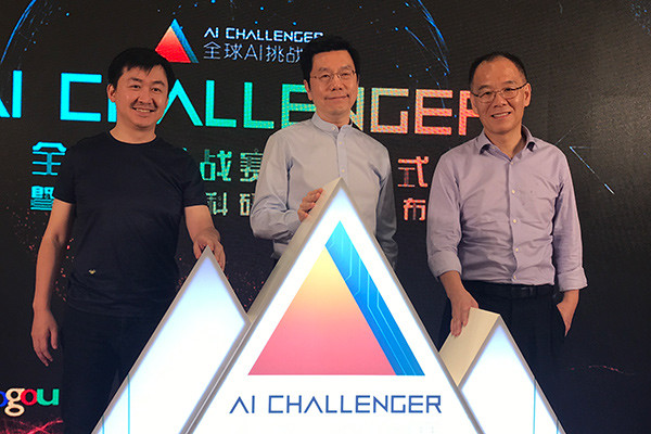 Wang Xiaochuan, founder and CEO of Sougou, Lee Kai-fu, founder and CEO of Sinovation Ventures, and Zhang Hongjiang, head of Technical Strategy Research Center with ByteDance, pose for pictures at the launch ceremony of AI Challenger contest, in Beijing, Aug 14, 2017. (Photo provided to chinadaily.com.cn) Wang Xiaochuan, founder and CEO of Sougou, Lee Kai-fu, founder and CEO of Sinovation Ventures, and Zhang Hongjiang, head of Technical Strategy Research Center with ByteDance, pose for pictures at the launch ceremony of AI Challenger contest, in Beijing, Aug 14, 2017. (Photo provided to chinadaily.com.cn)