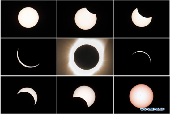 Combo photo taken on Aug. 21, 2017 shows the process of a total solar eclipse (C) from the beginning (L, Top) to the end (R, Bottom) seen from Salem, Oregon, the United States. (Xinhua/Yin Bogu) Combo photo taken on Aug. 21, 2017 shows the process of a total solar eclipse (C) from the beginning (L, Top) to the end (R, Bottom) seen from Salem, Oregon, the United States. (Xinhua/Yin Bogu)