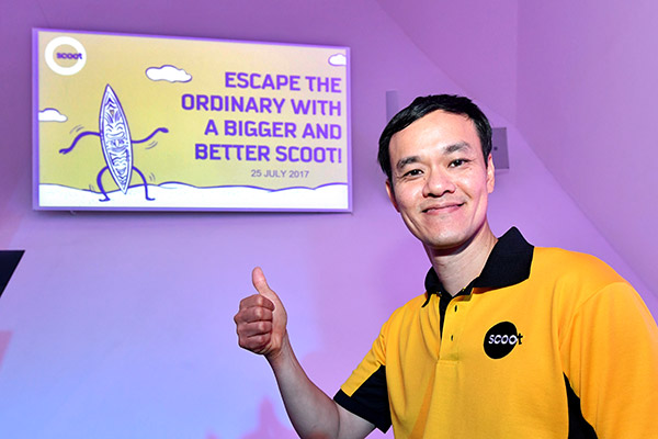 Lee Lik Hsin, CEO of Scoot Airways, soon after announcing the merger of Scoot and Tigerair on July 25, 2017. (Photo provided to China Daily) Lee Lik Hsin, CEO of Scoot Airways, soon after announcing the merger of Scoot and Tigerair on July 25, 2017. (Photo provided to China Daily)