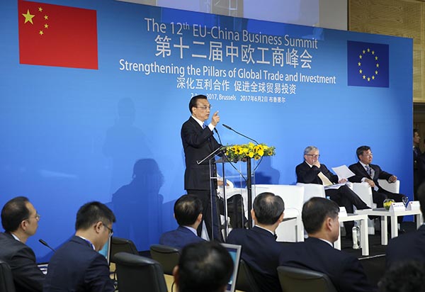 Chinese Premier Li Keqiang delivers a keynote speech at the 12th EU-China Business Summit in Brussels on June 2, 2017. (Photo provided to chinadaily.com.cn) Chinese Premier Li Keqiang delivers a keynote speech at the 12th EU-China Business Summit in Brussels on June 2, 2017. (Photo provided to chinadaily.com.cn)