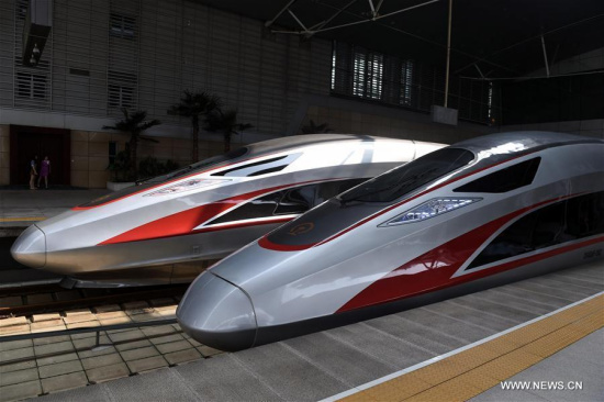 Two Fuxing trains are seen at the Tianjin Railway Station in Tianjin, north China, Aug. 21, 2017. China's new-generation bullet trains, the Fuxing, were put into operation on the Beijing-Tianjin Intercity Railway Aug. 21. (Xinhua/Luo Xiaoguang) Two Fuxing trains are seen at the Tianjin Railway Station in Tianjin, north China, Aug. 21, 2017. China's new-generation bullet trains, the Fuxing, were put into operation on the Beijing-Tianjin Intercity Railway Aug. 21. (Xinhua/Luo Xiaoguang)