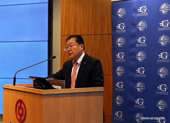 Xu Chen, Chairman of China General Chamber of Commerce - USA (CGCC), speaks during the launching ceremony of a China-U.S. investment and cooperation database in New York, the United States, on Oct. 18, 2017. (Xinhua/Wu Rong) Xu Chen, Chairman of China General Chamber of Commerce - USA (CGCC), speaks during the launching ceremony of a China-U.S. investment and cooperation database in New York, the United States, on Oct. 18, 2017. (Xinhua/Wu Rong)