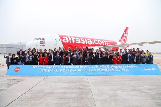 The first A320neo assembled in Airbus Tianjin delivered to AirAsia on October 25, 2017. (Photo provided by Airbus) The first A320neo assembled in Airbus Tianjin delivered to AirAsia on October 25, 2017. (Photo provided by Airbus)