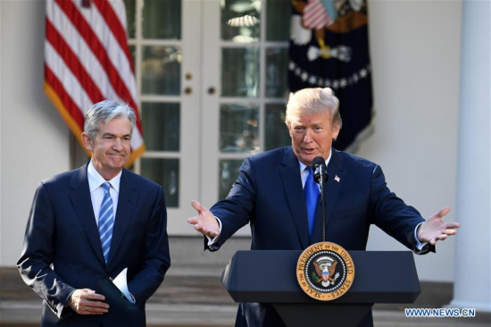 U.S. President Donald Trump (R) and Federal Reserve Governor Jerome Powell attend a nomination ceremony at the rose garden of White House in Washington D.C., the United States, on Nov. 2, 2017. Trump picked Thursday Federal Reserve Governor Jerome Powell as next Federal Reserve chair. (Xinhua/Yin Bogu) U.S. President Donald Trump (R) and Federal Reserve Governor Jerome Powell attend a nomination ceremony at the rose garden of White House in Washington D.C., the United States, on Nov. 2, 2017. Trump picked Thursday Federal Reserve Governor Jerome Powell as next Federal Reserve chair. (Xinhua/Yin Bogu)
