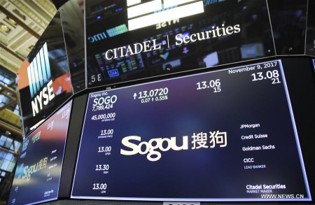 Traders work at the New York Stock Exchange in New York, the United States, on Nov. 9, 2017. Sogou Inc., a Chinese search engine company backed by Tencent and Sohu, rang the New York Stock Exchange (NYSE) opening bell on Thursday in celebration of its initial public offerings (IPO). Shares of Sogou, trading under the ticker symbol SOGO, started trading at 13 dollars per ADS on Thursday, and closed at 13.50 dollars apiece, rising 3.85 percent. (Xinhua/Wang Ying) Traders work at the New York Stock Exchange in New York, the United States, on Nov. 9, 2017. Sogou Inc., a Chinese search engine company backed by Tencent and Sohu, rang the New York Stock Exchange (NYSE) opening bell on Thursday in celebration of its initial public offerings (IPO). Shares of Sogou, trading under the ticker symbol SOGO, started trading at 13 dollars per ADS on Thursday, and closed at 13.50 dollars apiece, rising 3.85 percent. (Xinhua/Wang Ying)