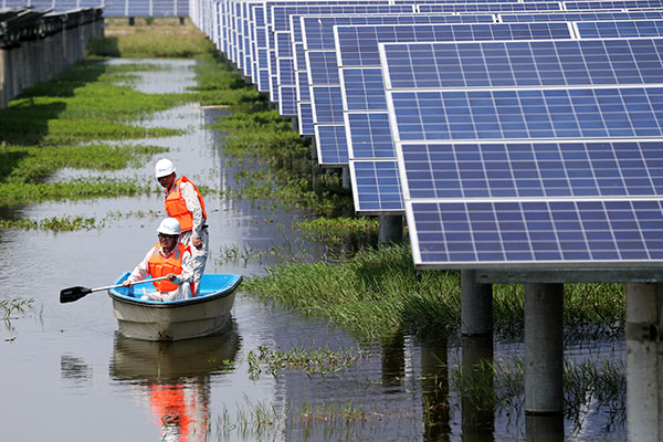 Two electricians paddle through a fishery where a photovoltaic power station was set up, in Jiangling county, Hubei province. (Zhou Guoqiang / For China Daily) Two electricians paddle through a fishery where a photovoltaic power station was set up, in Jiangling county, Hubei province. (Zhou Guoqiang / For China Daily)