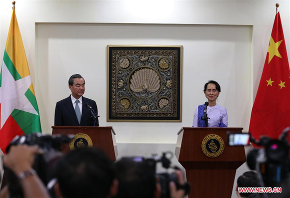 Chinese Foreign Minister Wang Yi (L) and Myanmar's State Counsellor and Foreign Minister Aung San Suu Kyi attend a joint press conference after their meeting in Nay Pyi Taw, Myanmar, on Nov. 19, 2017. (Xinhua/U Aung) Chinese Foreign Minister Wang Yi (L) and Myanmar's State Counsellor and Foreign Minister Aung San Suu Kyi attend a joint press conference after their meeting in Nay Pyi Taw, Myanmar, on Nov. 19, 2017. (Xinhua/U Aung)
