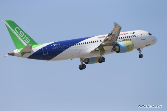 The second plane of China's homegrown large passenger plane, the C919, takes off from Pudong International Airport in Shanghai, east China, Dec. 17, 2017. The second plane of the C919 made its first test flight in Shanghai on Sunday. (Xinhua/Ding Ting)