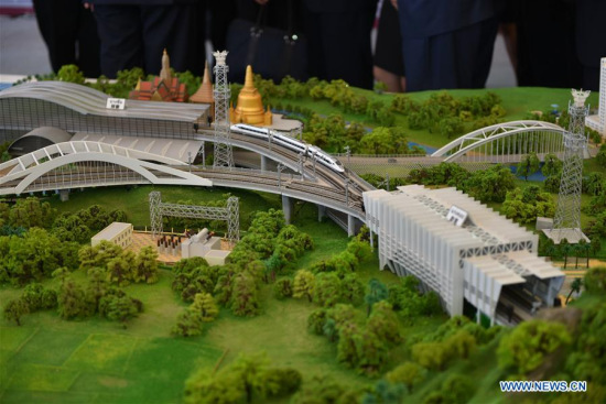 Photo taken on Dec. 21, 2017 shows a model of the first phase of the high-speed railway linking Bangkok with Nakhon Ratchasima province in Pak Chong, Thailand. (Xinhua/Li Mangmang)