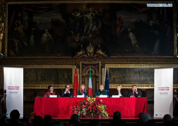 Photo taken on Jan. 19, 2018 shows the view of the press conference after the opening ceremony of the 2018 China-EU Tourism Year in Venice, Italy. 2018 China-EU Tourism Year kicked off here on Friday with both sides aiming to promote travel and bilateral ties. (Xinhua/Jin Yu) Photo taken on Jan. 19, 2018 shows the view of the press conference after the opening ceremony of the 2018 China-EU Tourism Year in Venice, Italy. 2018 China-EU Tourism Year kicked off here on Friday with both sides aiming to promote travel and bilateral ties. (Xinhua/Jin Yu)
