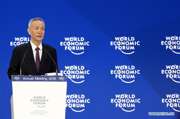 Liu He, a member of the Political Bureau of the Communist Party of China (CPC) Central Committee and director of the General Office of the Central Leading Group for Financial and Economic Affairs, gives a speech during the Annual Meeting 2018 of the World Economic Forum (WEF) in Davos, Switzerland, on Jan. 24, 2018. (Xinhua/Luo Huanhuan) Liu He, a member of the Political Bureau of the Communist Party of China (CPC) Central Committee and director of the General Office of the Central Leading Group for Financial and Economic Affairs, gives a speech during the Annual Meeting 2018 of the World Economic Forum (WEF) in Davos, Switzerland, on Jan. 24, 2018. (Xinhua/Luo Huanhuan)