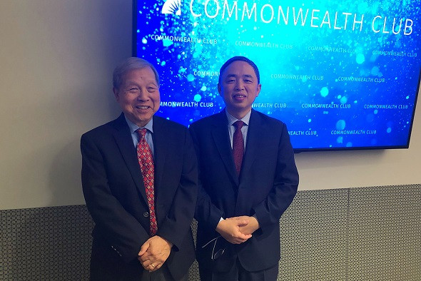 Yukon Huang (left), a senior fellow in the Carnegie Asia Program, and Pin Ni, president of Wanxiang America, at the Commonwealth Club in San Francisco on Monday. (Lia Zhu/China Daily) Yukon Huang (left), a senior fellow in the Carnegie Asia Program, and Pin Ni, president of Wanxiang America, at the Commonwealth Club in San Francisco on Monday. (Lia Zhu/China Daily)