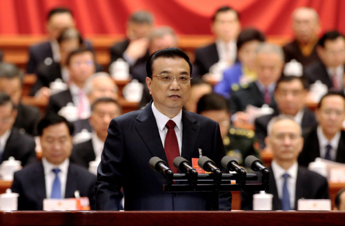 Premier Li Keqiang delivers the Government Work Report at the opening meeting of the first session of the 13th National People's Congress at the Great Hall of the People in Beijing on Monday. (Photo by Xujingxing/China Daily) Premier Li Keqiang delivers the Government Work Report at the opening meeting of the first session of the 13th National People's Congress at the Great Hall of the People in Beijing on Monday. (Photo by Xujingxing/China Daily)