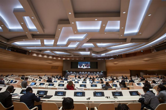 Participants attend the event Development Dimensions of the Sharing Economy -- Learnings from China at Palais des Nations in Geneva, Switzerland, on April 16, 2018. (Xinhua/Xu Jinquan)