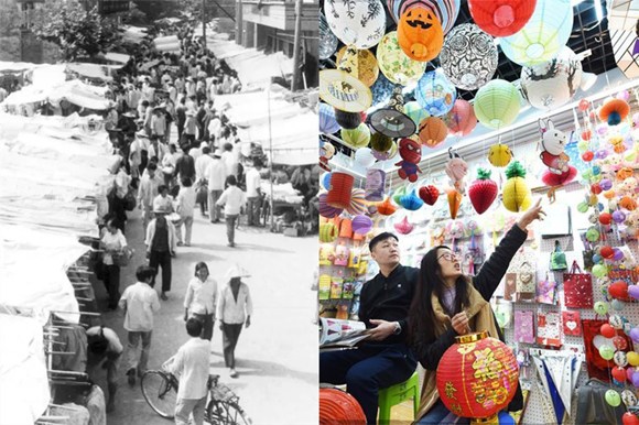 A composite of the first generation of Yiwu small commodities market in 1982 and the market now in February, 2018. (Photo/China.org.cn) A composite of the first generation of Yiwu small commodities market in 1982 and the market now in February, 2018. (Photo/China.org.cn)