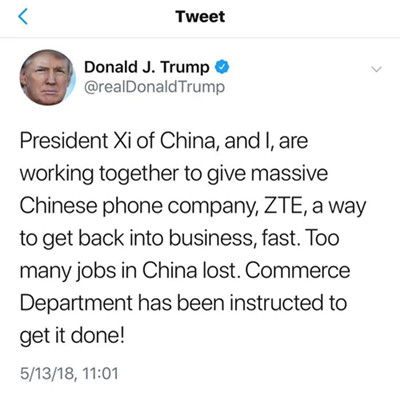 The screenshot of the official account of Trump's Tweet.