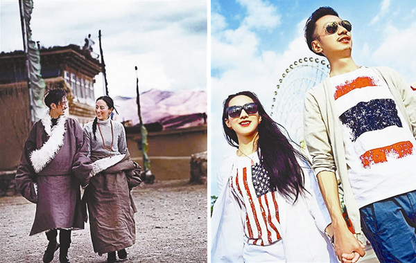 This combo photo shows Kalsang Phuntsok and his wife Dawa Dolma in iconic Tibetan costumes (Left) and vogue dresses (Right). (Photo/www.ynet.com) This combo photo shows Kalsang Phuntsok and his wife Dawa Dolma in iconic Tibetan costumes (Left) and vogue dresses (Right). (Photo/www.ynet.com)