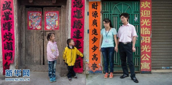 This combo photo shows left-behind children stand in front of an old-style wooden gate in their hometown while their parents in front of an apartment building in a big city. (Xinhua/Liu Jie) This combo photo shows left-behind children stand in front of an old-style wooden gate in their hometown while their parents in front of an apartment building in a big city. (Xinhua/Liu Jie)