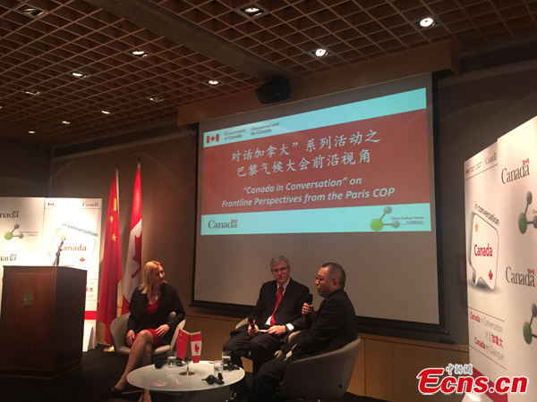 Ms. Louise Métivier (L), Mr. Guy Saint-Jacques (C) and Mr. Su Wei (R) participate in the dialogue event entitled 'Canada in Conversation' on Frontline Perspectives from the Paris COP in Beijing, March 1, 2016. (Photo: Ecns.cn/Wang Fan) Ms. Louise Métivier (L), Mr. Guy Saint-Jacques (C) and Mr. Su Wei (R) participate in the dialogue event entitled 'Canada in Conversation' on Frontline Perspectives from the Paris COP in Beijing, March 1, 2016. (Photo: Ecns.cn/Wang Fan)