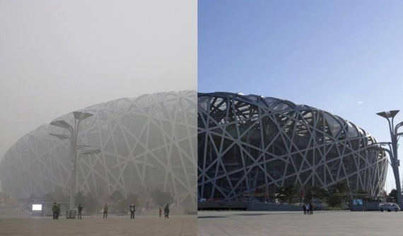 A combo photo shows the contrast of the National Stadium (Bird's Nest) in a smoggy day and a clear day in Beijing. (File photo) A combo photo shows the contrast of the National Stadium (Bird's Nest) in a smoggy day and a clear day in Beijing. (File photo)