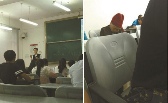 This combo photo shows Hu Ming, an associate professor, gives a lecture in the class (L), and his mother sits in the back of the class (R). (Photo/eijing Youth Daily) This combo photo shows Hu Ming, an associate professor, gives a lecture in the class (L), and his mother sits in the back of the class (R). (Photo/eijing Youth Daily)