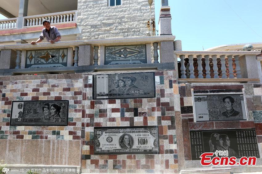 Villager decorates wall with banknote images (1/3)