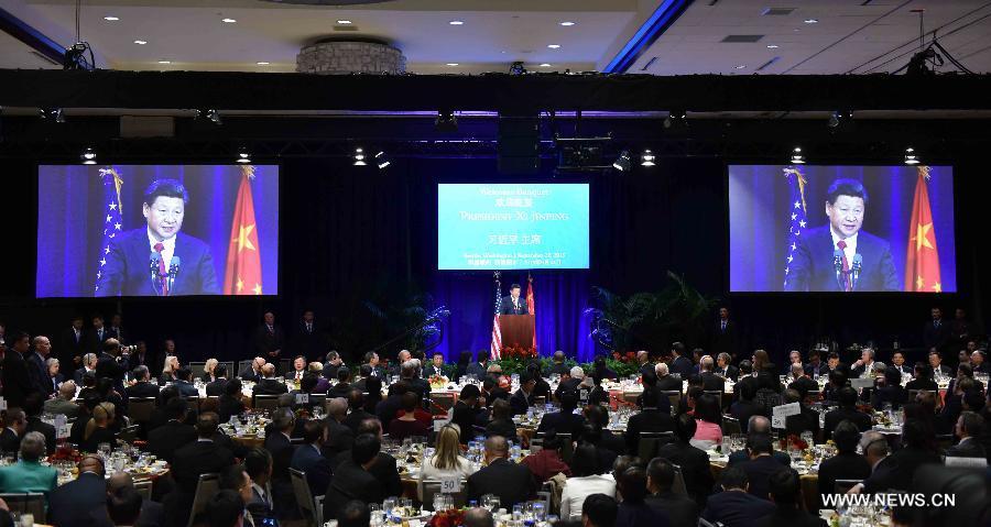 President Xi delivers speech during welcome banquet in Seattle(1/2)