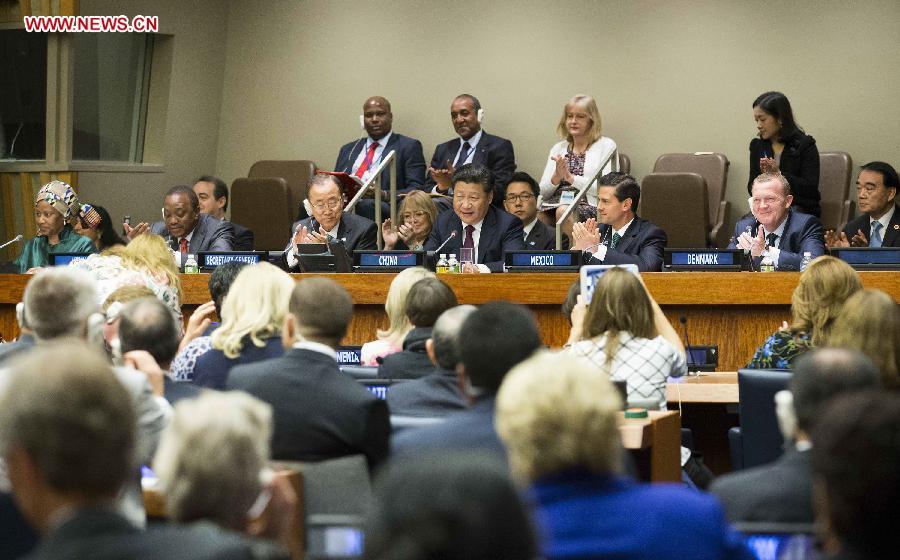 Chinese President Xi Jinping delivers a speech at the Global Leaders\' Meeting on Gender Equality and Women\'s Empowerment at the United Nations headquarters in New York, the United States, Sept. 27, 2015. (Photo: Xinhua/Huang Jingwen)