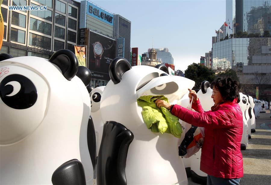 800 panda-styled recycling bins displayed in Shanghai(1/4)
