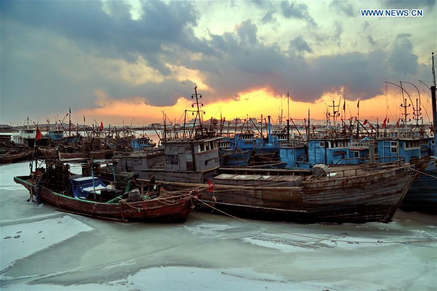 Over 8,000 fishing boats frozen by ice in N. China's port(1/3)