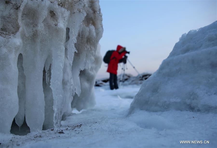 Cold front brings sea ice along seaside at Bohai Sea coast (1/7)