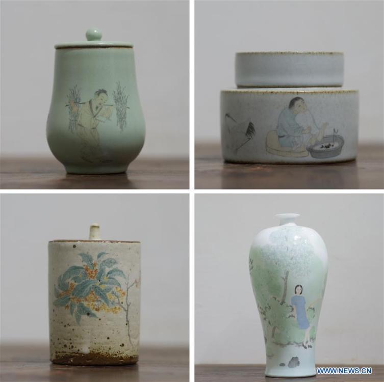 Combo photo taken on Dec. 23, 2016 shows ceramic works with overglazed traditional literati paintings created by artists Xiang Zhengyi and Li Caixia in Jingdezhen, east China\'s Jiangxi Province. (Xinhua/Weng Xinyang)