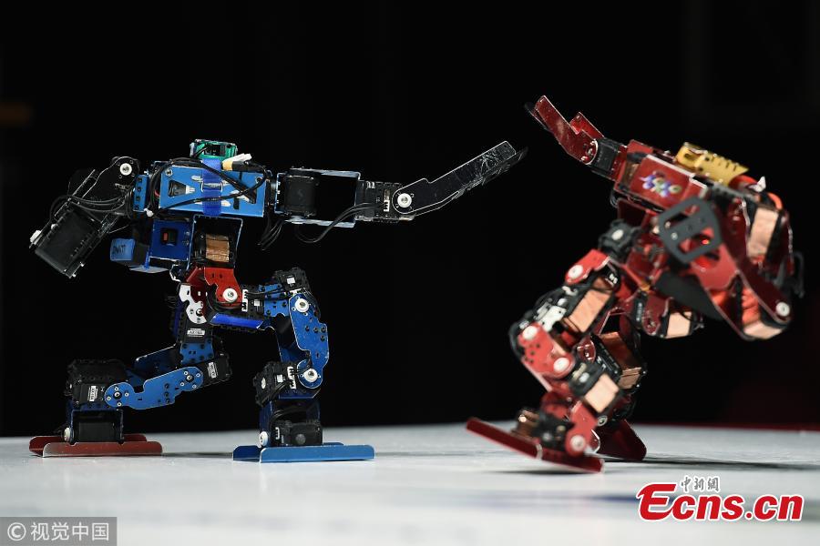 Robots fight during the 32nd ROBO-ONE tournament in Tokyo, Japan, Feb. 25, 2018. According to the organizer, the ROBO-ONE, held by the Biped Robotics Association, is a robot fighting competition for bipedal walking robots, aiming to improve the robotic technology and spread the popularity of bipedal walking robots. (Photo/Agencies)