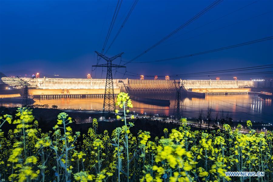 Night scenery of Three Gorges Dam on Yangtze River in China's Hubei(1/4)