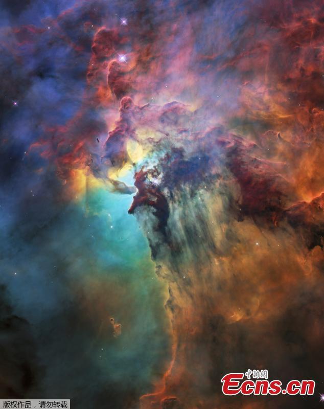 A photo released on April 19, 2018 by the European Space Agency shows this colourful image of the Lagoon Nebula to celebrate the 28th anniversary space of the the NASA/ESA Hubble Space Telescope. The whole nebula, about 4000 light-years away, is an incredible 55 light-years wide and 20 light-years tall. This image shows only a small part of this turbulent star-formation region, about four light-years across. This stunning nebula was first catalogued in 1654 by the Italian astronomer Giovanni Battista Hodierna, who sought to record nebulous objects in the night sky so they would not be mistaken for comets. Since Hodierna\'s observations, the Lagoon Nebula has been photographed and analysed by many telescopes and astronomers all over the world. The observations were taken by Hubble\'s Wide Field Camera 3 between 12 February and 18 February 2018. (Photo/Agencies)