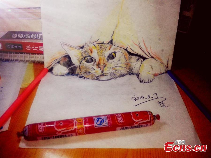 Wang Zhexue, a postgraduate student at Inner Mongolia University of Technology, has created incredibly realistic 3D drawings of animals in order to please his girlfriend, who was said to like pets. Wang has learned about 3D drawing for five years, a hobby to relax his mind in studying science courses. (Photo provided to China News Service)