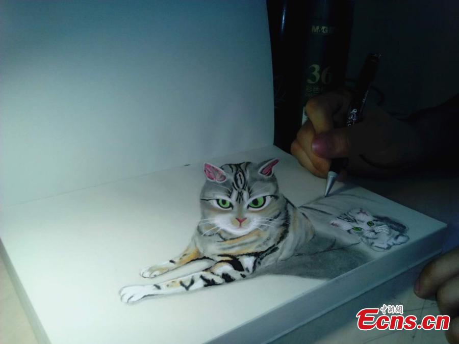 Wang Zhexue, a postgraduate student at Inner Mongolia University of Technology, has created incredibly realistic 3D drawings of animals in order to please his girlfriend, who was said to like pets. Wang has learned about 3D drawing for five years, a hobby to relax his mind in studying science courses. (Photo provided to China News Service)