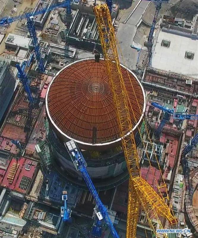 Photo taken on May 23, 2018 shows the installation site of a hemispherical dome at the No. 3 unit of Fangchenggang nuclear power station in south China\'s Guangxi Zhuang Autonomous Region. The dome has been installed on a reactor at China\'s nuclear power project in Fangchenggang using Hualong One technology, a domestically-developed third generation reactor design. (Xinhua/Fangchenggang Nuclear Power Co., Ltd.)